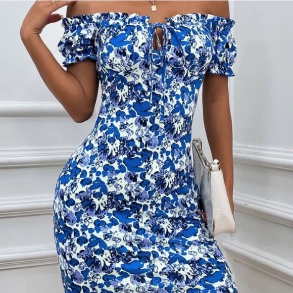 Boho Blue Floral Print Off Shoulder Bodycon Dress - Picture 9 of 11